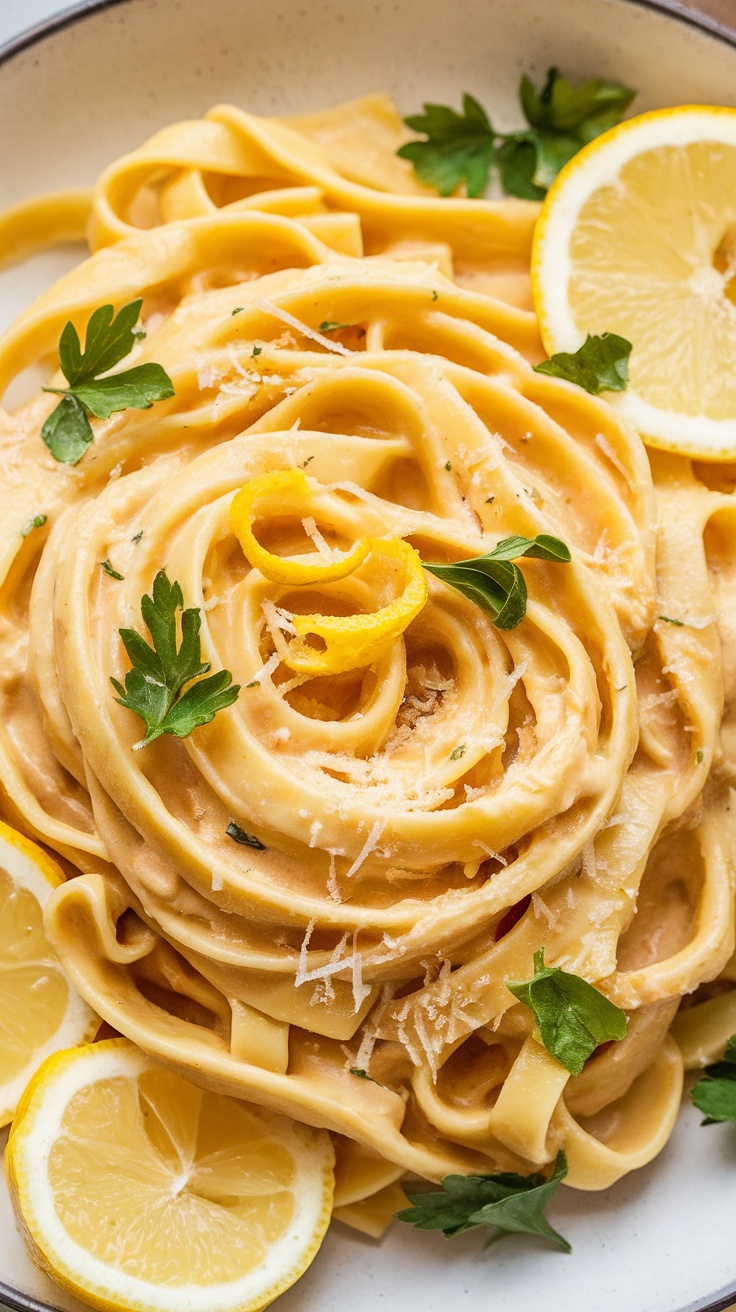 Zesty Creamy Lemon Pasta Recipe A delicious bowl of creamy lemon pasta with fettuccine, garnished with lemon zest and parsley on a rustic table.